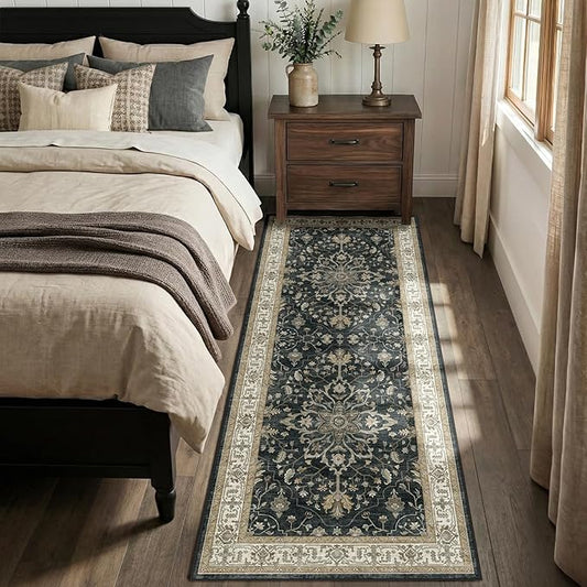 Area Rugs 2'x6' Runner Rug Non Slip Washable for Kitchen Hallway Bedroom Beside Laundry Room Bathroom Rug, Floor Carpet, Vintage Black Brown Neutral