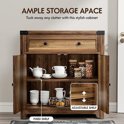 YESHOMY Coffee Bar and Accent Cabinet, Farmhouse Barn Door Buffet Sideboard with Drawer and Adjustable Shelf, Wide Desktop for Kitchen, Dining Room, Bathroom, Entryway, Brown