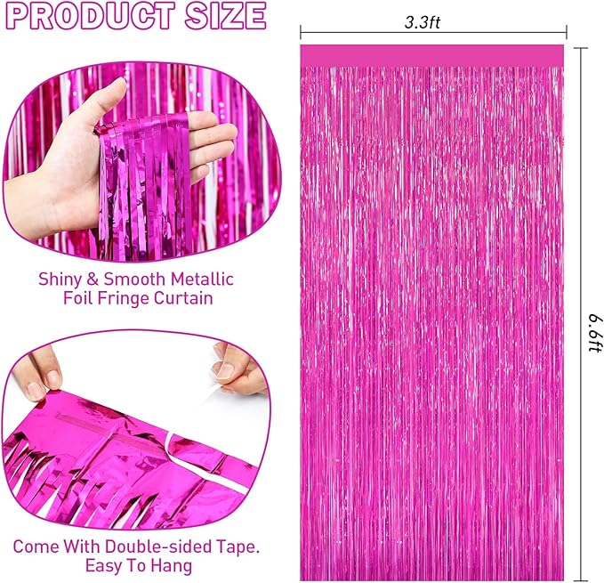 Hot Pink Tinsel Backdrop Foil Fringe Curtains - 2 Packs Door Streamers Backdrop for Birthday Door Decorations, Party Supplies for Bachelorette, Graduation, Christmas, Disco Decor