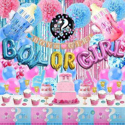 124 Pcs Gender Reveal Decorations Kit, Party Supplies With 36'' Balloon, Boy OR Girl Foil Balloon, Paper Pompoms, Tablecloth, Photo Props
