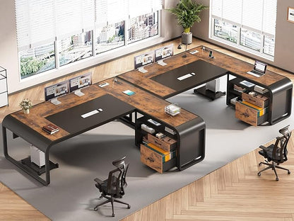 SEDETA 61 Inch Executive Desk, Large Office Desk with File Drawer, L Shaped Desk with Drawers, Computer Desk with Mobile CPU Stand, Storage Shelves, Power Outlets for Home Office, Rustic Brown