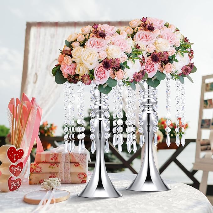 Unittype 20 Pcs Wedding Centerpieces for Tables 13 Inch Tall, Crystal Flower Stand Floral Vases for Tabletop Flower Arrangement Stand Valentines Gift Baptism Christmas Party Decor (Silver)