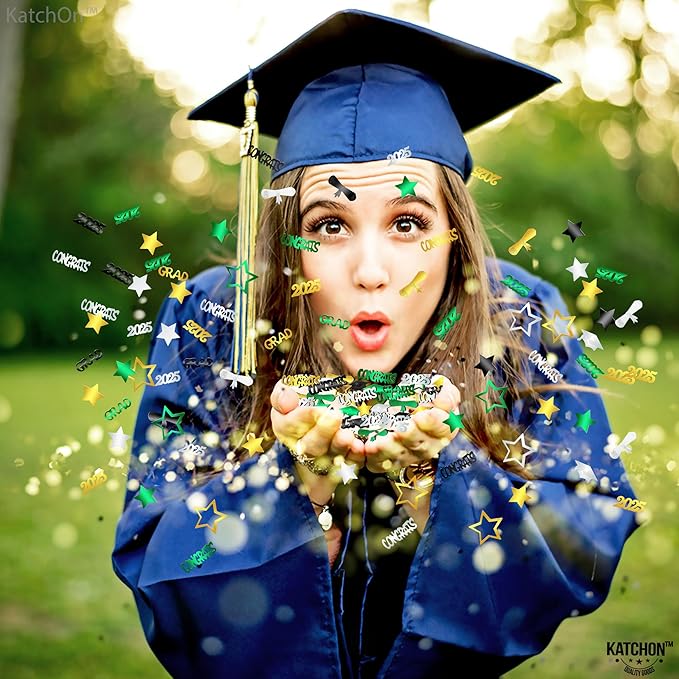KatchOn, Congrats Grad Confetti 2025 - Pack of 1000 | Green and Gold Graduation Decorations 2025 | 2025 Graduation Confetti for Class of 2025 Decorations