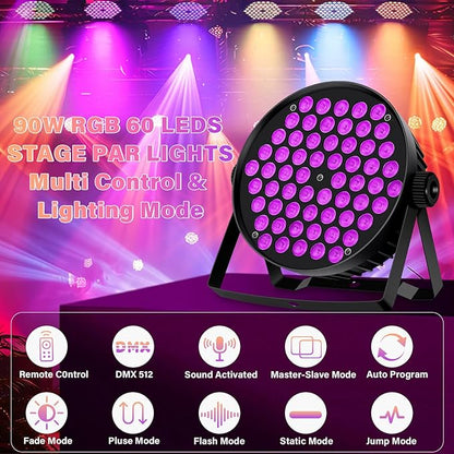 60 LED Stage Par Lights,90W RGB Stage Can Light DJ Par Lights Sound Activated Auto Play by Remote&DMX Control DJ Stage Party Lighting for Events Wedding Church Party DJ Live Show 2Pack