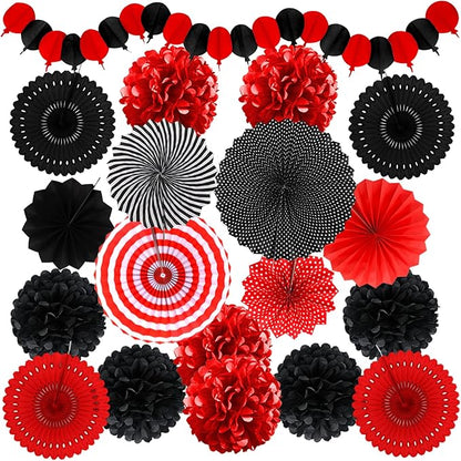Red and Black Party Decorations, Papar Fans Pompoms Fans Garlands for Birthday Wedding Graduation Game Night Boy Girl Party Decorations