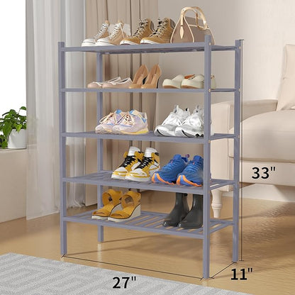 5 Tier Bamboo Shoe Rack for Closet Free Standing Wood Shoe Shelf for Entryway Small Space Stackable 27"x11"x33" (Grey)