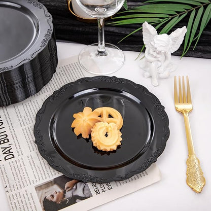 U-QE 100PCS Black Plastic Plates, Heavy Duty Black Disposable Plates Including 50PCS 10'' Dinner Plates & 50PCS 7.5'' Dessert Plate - Hard Plastic Plate for Party Wedding Bridal Shower