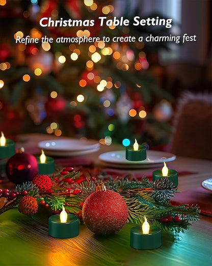 Green LED Candles, 12 Pack Tea Lights Candles Battery Operated, Flameless Tealight Candle, Realistic Tea Lights for Halloween Christmas Party Decor Mardi Gras