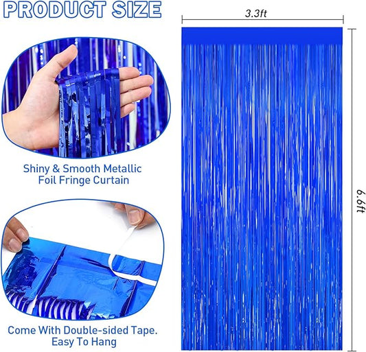 Blue Tinsel Backdrop Foil Fringe Curtains - 2 Packs Door Streamers Backdrop for Birthday Door Decorations, Party Supplies for Bachelorette, Graduation, Christmas, Disco Decor