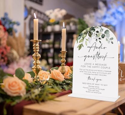 Wedding Signs for Reception, Green Leaves Audio Guestbook Sign, Wedding Reception Signage, Bridal Shower Table Decorations with Base, Supplies for Proposal, Bridal Shower Events and Ceremony, 07