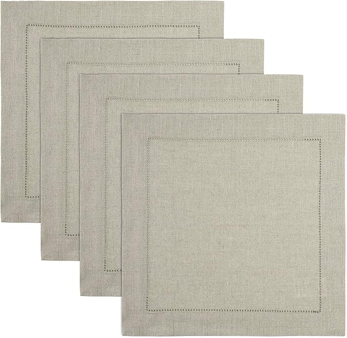 Solino Home Linen Square Placemats Set of 4-100% Pure Linen Natural Cloth Placemats 14 x 14 Inch - Classic Hemstitch, Machine Washable Place Mats for Fall, Autumn, Holiday