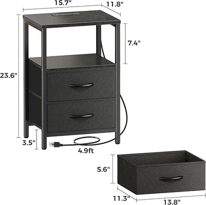 Huuger Nightstands Set of 2, End Tables with Charging Station, Side Tables with Fabric Drawers, Bedside Tables with USB Ports and Outlets, Night Stands for Bedroom, Black