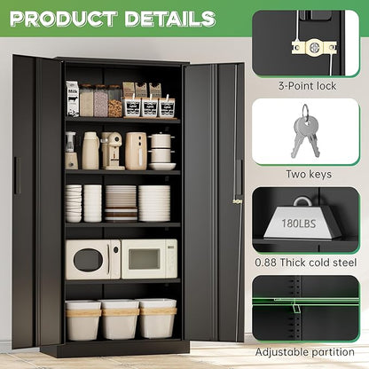 INTERGREAT Metal Storage Cabinet with Lock, 63" H Metal Cabinets Storage with 2 Doors and 4 Adjustable Shelves, Locking Garage Cabinet for Home Office, Kitchen, Bathroom (Black)