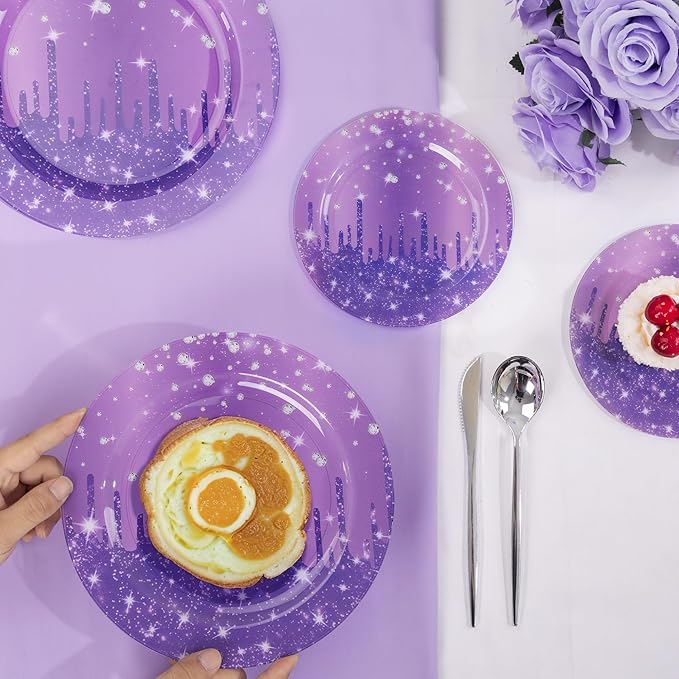 WELLIFE 20PCS Purple Glitter Plates – Diamond Plastic Dinner & Dessert Plates (10×9.2" + 10×6.3"), Reusable Purple Party Plates for Christmas, New Year’s Eve & Girls Birthday
