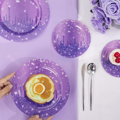 WELLIFE 20PCS Purple Glitter Plates – Diamond Plastic Dinner & Dessert Plates (10×9.2" + 10×6.3"), Reusable Purple Party Plates for Christmas, New Year’s Eve & Girls Birthday