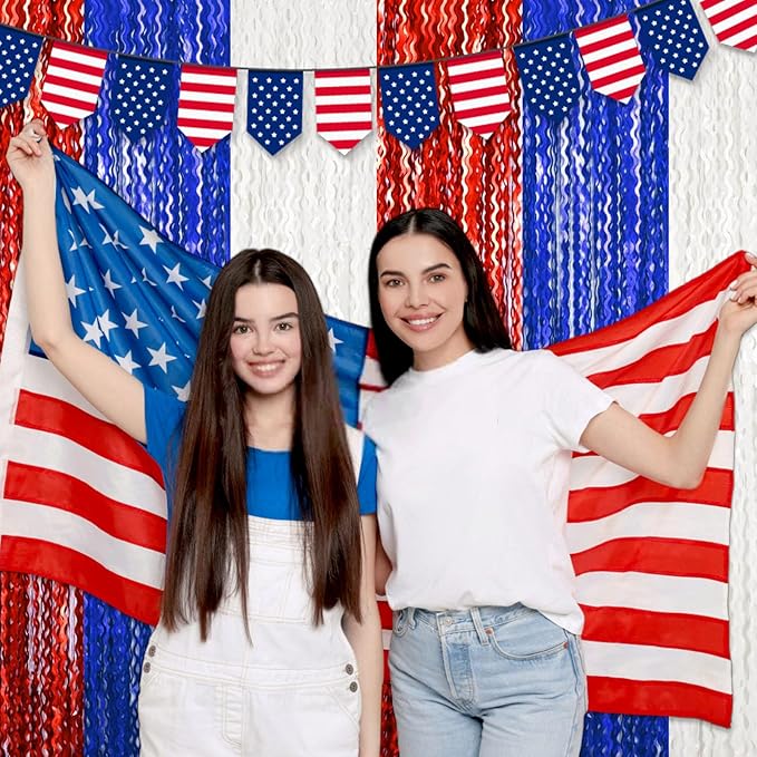 4 Pack White Blue Red Fringe Curtain Backdrop 3.2Ft x 8.2Ft Metallic Tinsel Foil Fringe Streamers Background for Photo Booth Mother's Day, Easter, Carnival, Birthday, Wedding Party Decoration