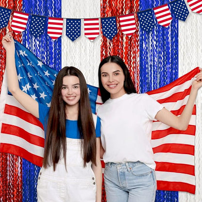 4 Pack White Blue Red Fringe Curtain Backdrop 3.2Ft x 8.2Ft Metallic Tinsel Foil Fringe Streamers Background for Photo Booth Mother's Day, Easter, Carnival, Birthday, Wedding Party Decoration