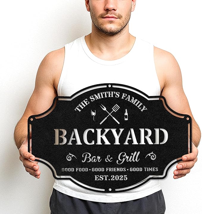 Rustic BBQ Grill Metal Sign, Custom Name Cut Wall Art for Outdoor Patio, Backyard Kitchen, Personalized Barbecue Decor