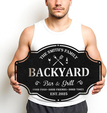 Rustic BBQ Grill Metal Sign, Custom Name Cut Wall Art for Outdoor Patio, Backyard Kitchen, Personalized Barbecue Decor