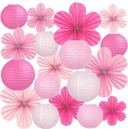 18Pcs Pink Party Decoration Kit, Hanging Pink Paper Lanterns Paper Flowers Fans for Girls Women Birthday Baby Bridal Shower Wedding Valentines Day Decorations