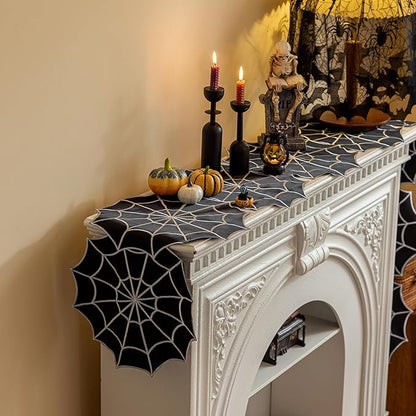 Joyfol Day Halloween Table Runner 14 x 69 Inch, Embroidered Spider Web Table Runners, Black Fireplace Mantel Scarf, Halloween Table Decorations for Parties Gothic Scary Nights