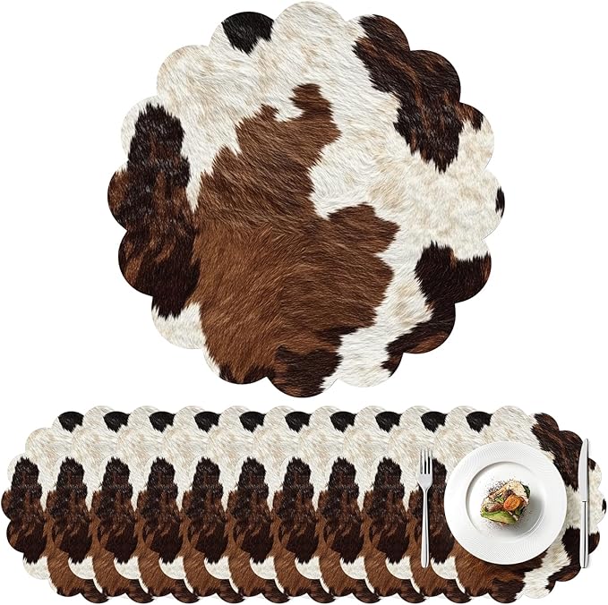 100 Pcs Cow Paper Placemats 13.5 Inches Scalloped Western Placemats Disposable Brown and White Cowhide Place Mats for Western Cowboy Party Wedding Baby Shower Rustic Party Table Decor