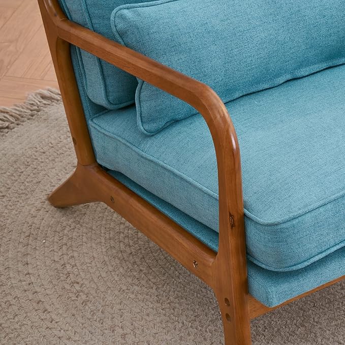 Bonnlo LinenTeal Mid Century Modern Accent Chair, Soild Wood Padding Lounge Armchairs Side Sitting Chairs for Living Room, Bedroom, Guest Room