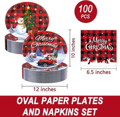 100Pcs Christmas Oval Paper Plates and Napkins -10" x 12" Large Disposable Party Plates, Christmas Party Supplies Dinnerware Set