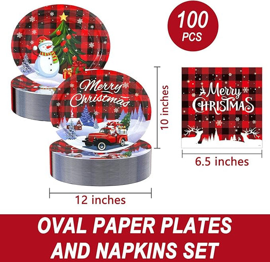 100Pcs Christmas Oval Paper Plates and Napkins -10" x 12" Large Disposable Party Plates, Christmas Party Supplies Dinnerware Set