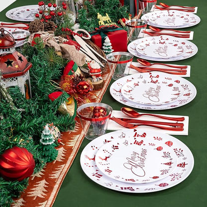 Ciaell 175 Pieces Christmas Plastic Plates include 50 Red Plastic Plates, 25Knives, 25Forks, 25Spoons, 25cups, 25Napkins for Christmas Party