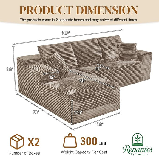 108" L Shaped Boneless Sectional Couches for Living Room, Comfy Corduroy Floor Cloud Sofa with Chaise, Wide Armrest, Deep Seat, Memory Foam, Assembly Free, Ideal for Small Spaces, Brown