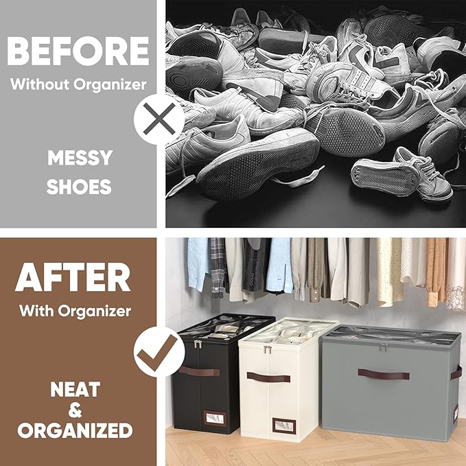 OIAHOMY 4 Pack Shoe Organizer for Closet, Foldable Shoe Storage Bins with Adjustable Dividers, Stackable Oxford Cloth Sneaker Boxes for Entryway Bedroom, Fits Up to 32 Pairs, Beige
