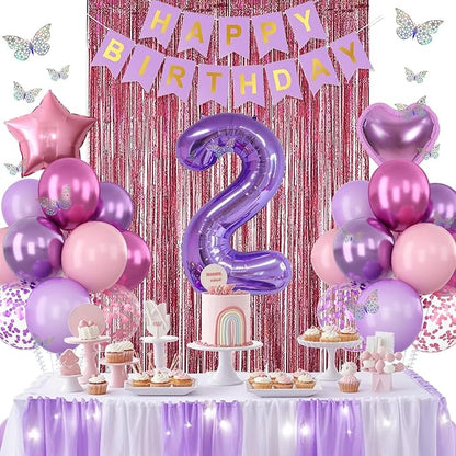 Pink Purple 2nd Birthday Party Decorations for Girls Number 2 Balloon Happy Birthday Banner Butterfly Stickers Fringe Curtain Paper Pom Poms Metallic Hot Pink Star Foil Balloons Baby 2 Year Old Decor
