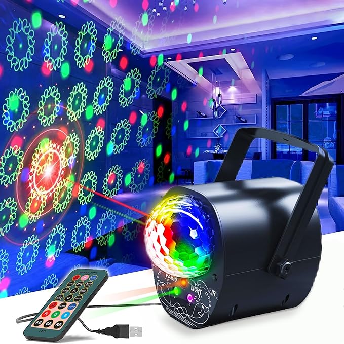 Disco Ball Light Party Lights with Multi-Color Laser Pattern, Sound Activated Strobe Lamp, Remote Control, Home Karaoke Dance Decoration for Birthday Parties, Events & Nightclubs (ABS Plastic)