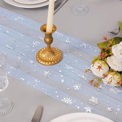 Snowkingdom Silver Snowflake Christmas Table Runner, 10ft Light Blue Silver Glitter Snowflakes Sheer Tulle Gauze Winter Table Runner for Seasonal Holidays, Wedding, Party, Home Dining Decoration