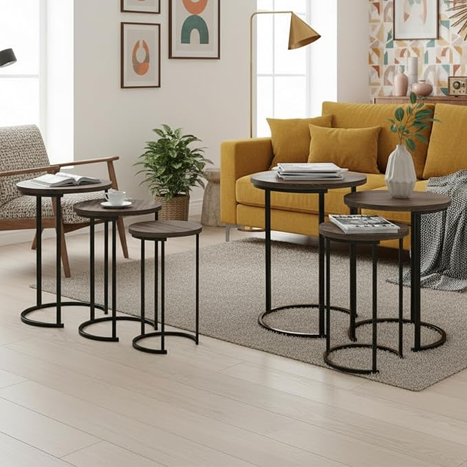 Lavish Home 6-Piece Nesting Tables – Set of 6 Round Side Tables with Woodgrain-Look Tops and Black Metal Frames – Modern Accent & End Table Set for Living Room, Bedroom, or Home Office (Gray/Brown)