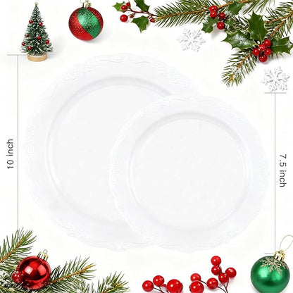 U-QE 100 Pieces White Plastic Plates - White Disposable Plates - Premium Hard Plastic Disposable Plates for Christmas and Party Use Including 50 Dinner Plates 10 '' & 50 Dessert Plates 7.5 ''