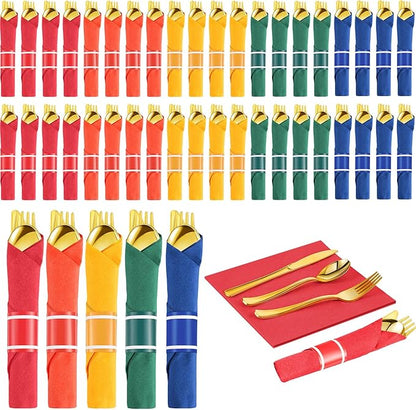 Lasnten 50 Pcs Pre-rolled Gold Plastic Silverware Set Colorful Disposable Plastic Cutlery Set with Napkins for Birthday Wedding Rainbow Mexican Party Outdoor Activity Gay Pride Party