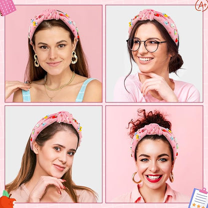 PANTIDE Teacher Jeweled Knotted Headband - Christmas Gift Apple Pencil Rhinestone Pearl Embellished Headband Wide Top Knot Hair Accessories Teacher Appreciation Birthday for Women Girls (Pink)