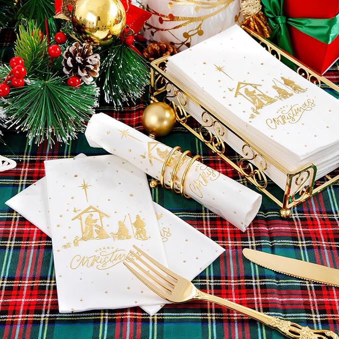 50 Pack Christmas Nativity Paper Napkins Scene - The Birth of Jesus Scene Dinner Napkins - Disposable White Gold Paper Napkin Hand Towels for Dinner Holiday Xmas Party Christmas Eve Decor