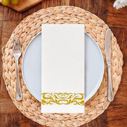 100 Pack Napkins Disposable Guest Towels Linen-Feel Decorative Napkins Soft and Absorbent Dinner Paper Hand Towels for Bathroom Party Powder Room Hotel Fancy Restaurant (100 Gold Floral)