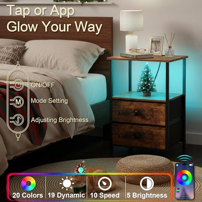Night Stand Set 2, LED Nightstand with Charging Station, End Tables with Storage Shelf, Bedside Table with 2 Fabric Drawers for Bedroom, Small Spaces, Rustic Brown HETS02PBR