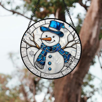 Stained Glass Window Hanging 4 Pcs Set White Winter Christmas Snow Scene 7.8" - Suncatcher Door Garden Sun Catcher Decor Birthday for Mom Woman Nana Men Friend Wife