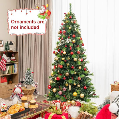 GOFLAME 7FT Pre-Lit Christmas Tree, Hinged Artificial Xmas Tree with Pine Needles, 974 Branch Tips, 36 Clusters of Red Berries, 400 LED Lights, 9 Lighting Modes, 4 Brightness, Remote Control & Timer