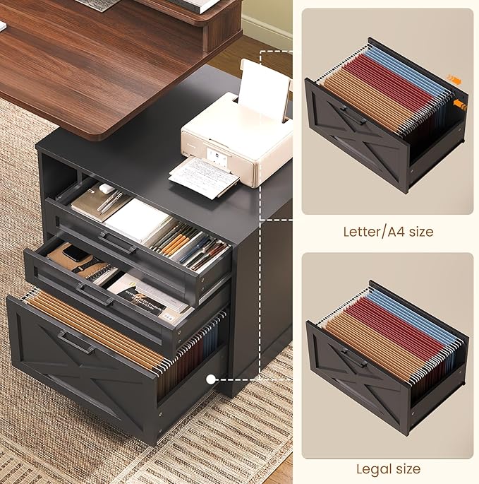 SEDETA Farmhouse Electric Standing Desk, 55" Height Adjustable Computer Desk with 3 Drawers, File Cabinet, Storage Shelves, Power Outlets, Wood Home Office Desk for Work, Study, Writing, Black