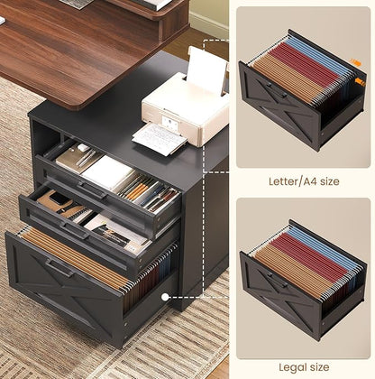 SEDETA Farmhouse Electric Standing Desk, 55" Height Adjustable Computer Desk with 3 Drawers, File Cabinet, Storage Shelves, Power Outlets, Wood Home Office Desk for Work, Study, Writing, Black