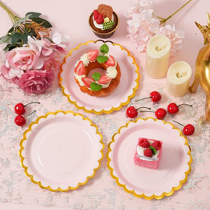 Pink & gold scalloped party plates with napkins and fork gold foil border, 24 Guest Pink disposable Tableware Set Party Decoration for Birthday Coquette Bridal Baby Shower Valentines