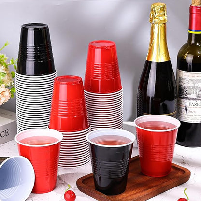 KesaPlan 100 PCS 12 OZ Plastic Cups, Happy New Year Party Cups Black and Red Cups Disposable Drinking Cup Bulk For Christmas Graduation Wedding Birthday Halloween Family Gathering Festive Celebrations
