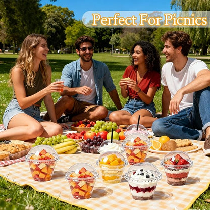 100 Sets 7oz Clear Plastic Cups with Dome Lids (No Hole), Disposable Dessert Cups for Fruit, Parfait, Pudding, Yogurt, Ice Cream, Snack, PET