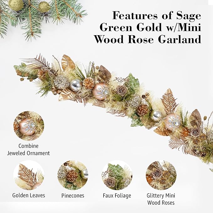 5 ft Christmas Garland for Mantle Unlit Garland for Stairs Railing, Banister, Staircase, Fireplace, for Table No Light, Garland Decor Frosted Red Poinsettia Holiday Tree (Sage Green Gold)